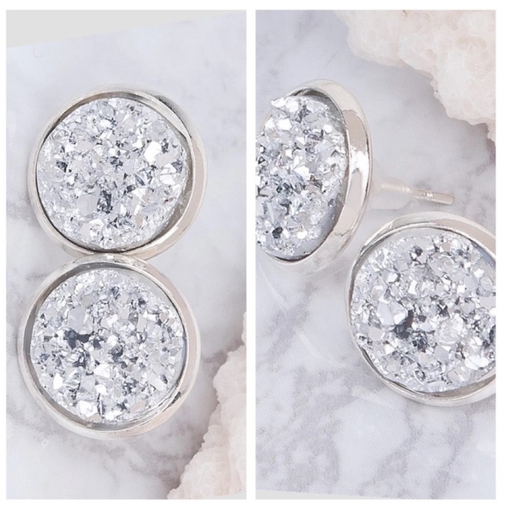 Silver Sparkle Druzy Glitter Stud Earrings